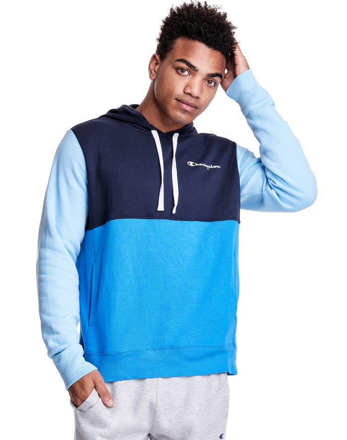 Champion Herre Hættetrøje Mørkeblå/Blå - Colorblock Fleece - Danmark UHD-521479